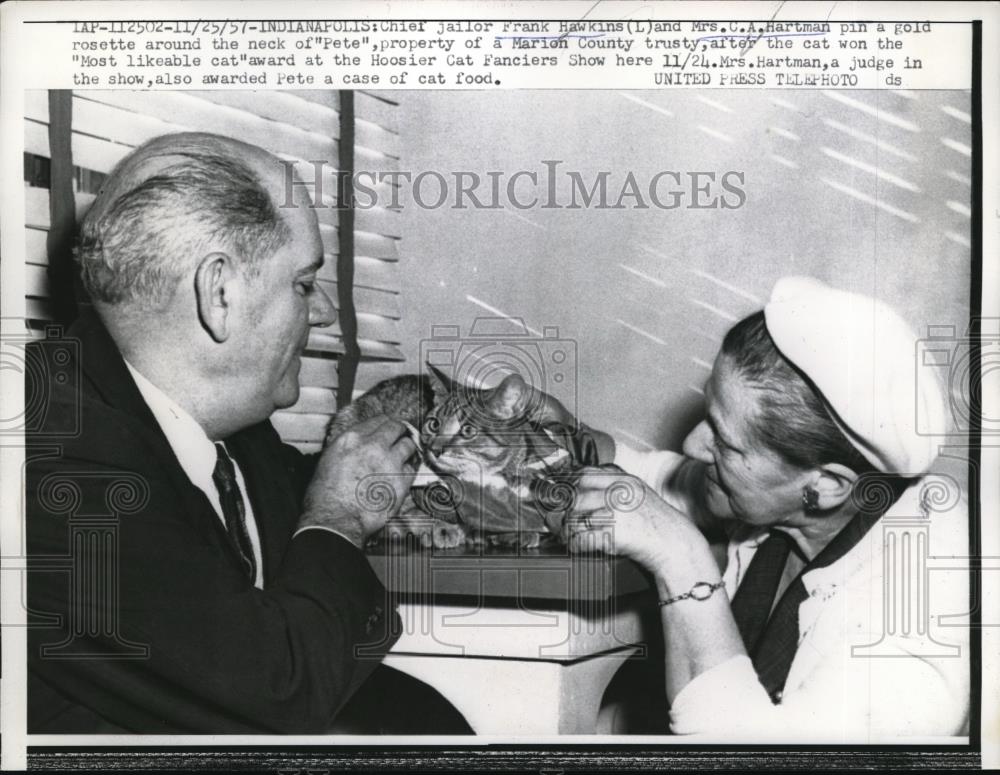 1957 Press Photo Frank Hawkins and Mrs. Hartman pin a gold rosette around cat - Historic Images