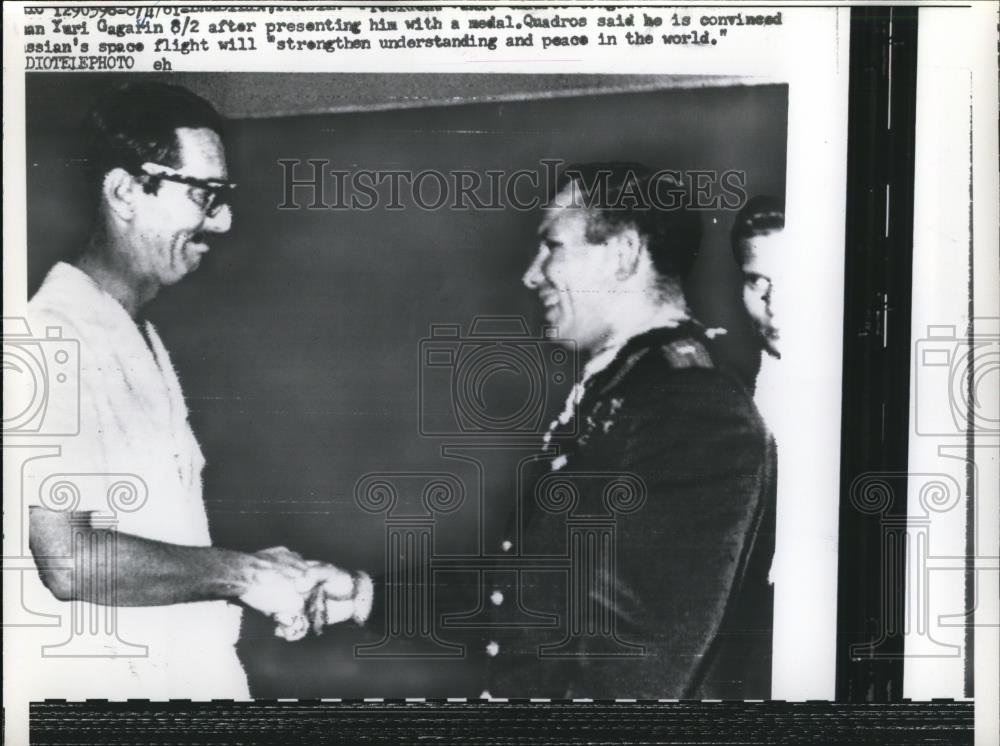 1961 Press Photo Yuri Gagarin, after he was presented with a medal - Historic Images