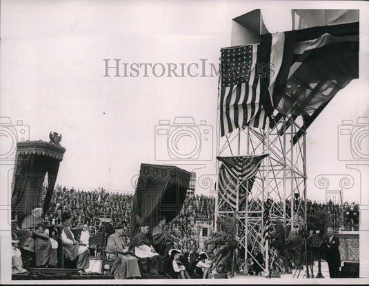 1936 Press Photo Al Smith, Cardinal Hayes & Cerejeira at a speech - Historic Images