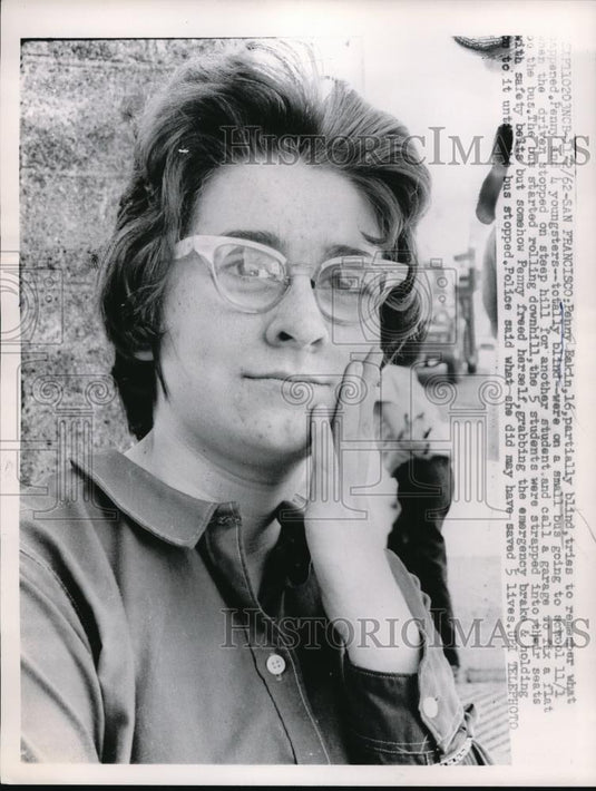 1962 Press Photo Penny Eakin Partially Blind Stops Runaway Bus, Saves Five Lives - Historic Images