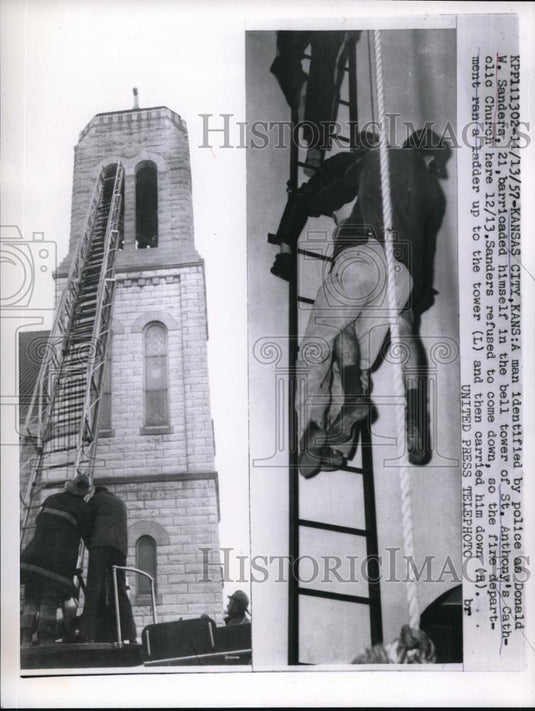 1957 Press Photo Donald W. Sanders barricaded in St. Anthony's Catholic Church - Historic Images