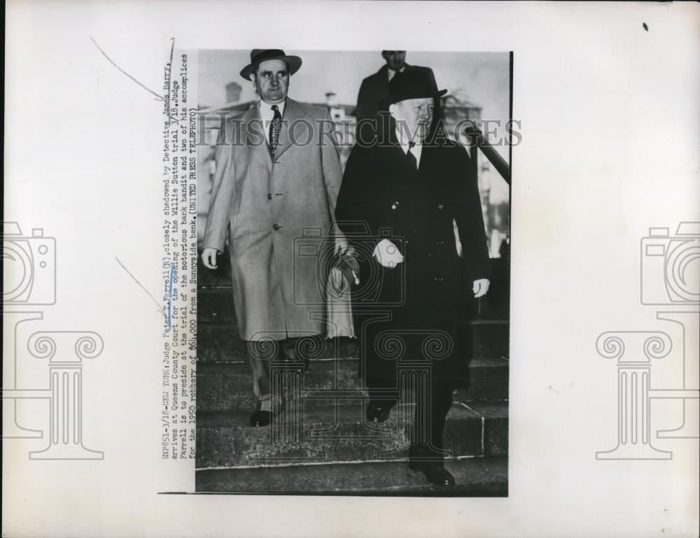 1952 Press Photo Judge Peter Farell closely shadowed by Detective James Barry - Historic Images