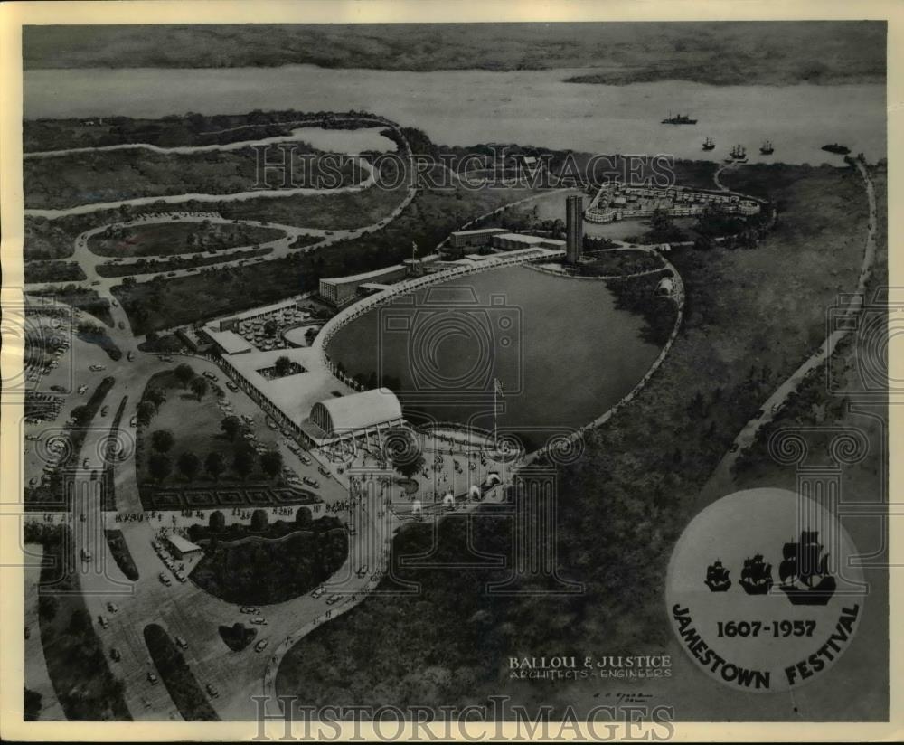 1957 Press Photo Aerial view of James Town Festival Park - Historic Images