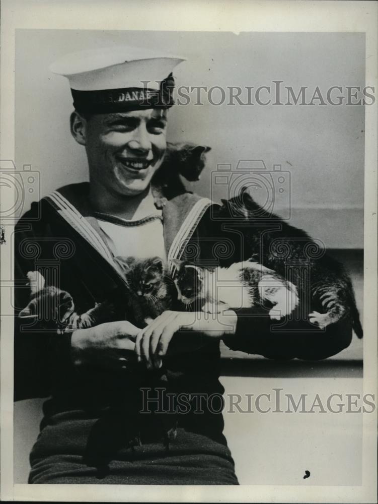 1934 Press Photo Hugh Jones with the felines born aboard H.M.S. Danae. - Historic Images