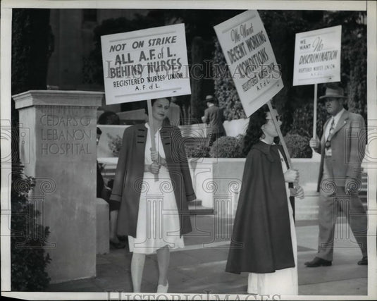 1946 Press Photo Los Angeles Calif Nurses picket the Cedars of Lebanon Hospital - Historic Images