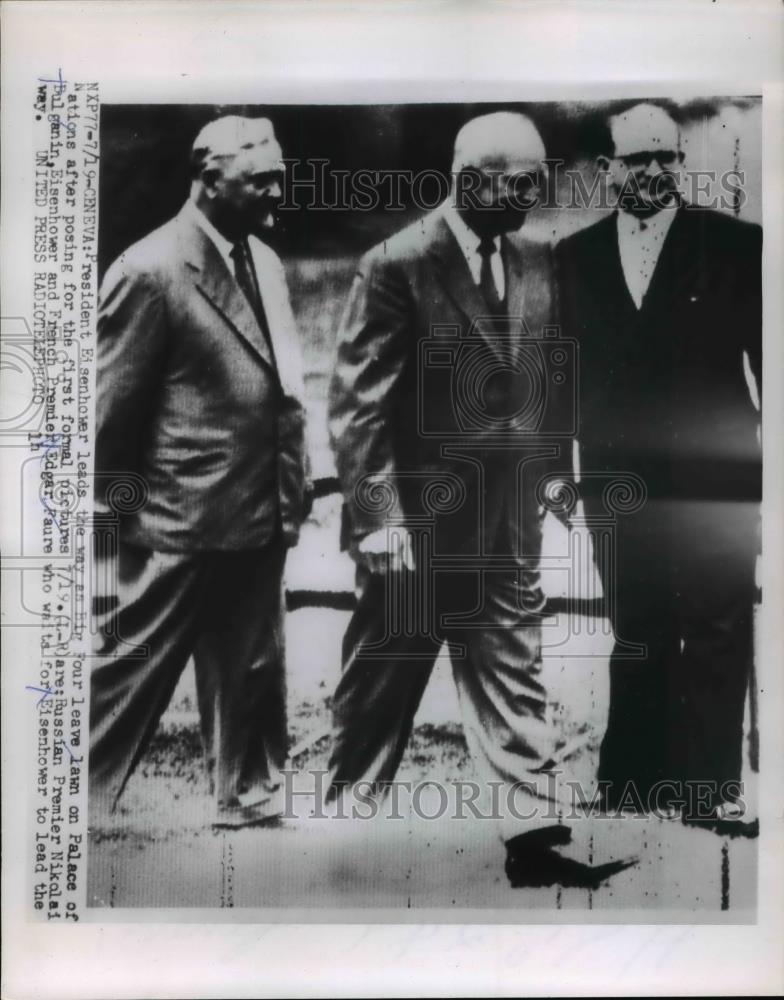 1955 Press Photo Pres.Eisenhower, Nikolai Bulganin and Edgar Faure - Historic Images