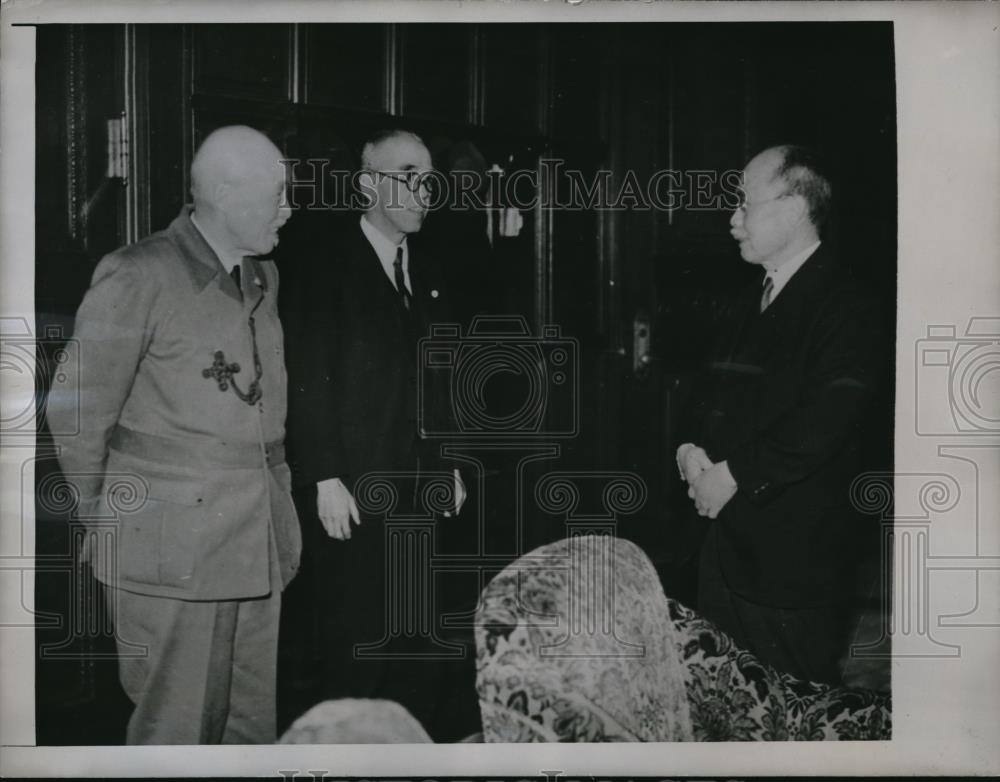 1946 Press Photo Kijuro Shidehara, Toshio Shimada, Hisahide Katsuta in Tokyo - Historic Images