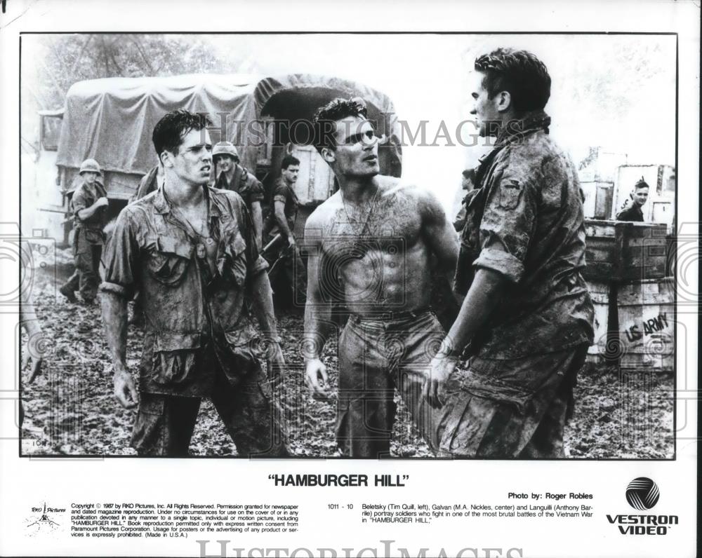 1987 Press Photo Tim Quill, MA Nickels, Anthony Barille in Hamburger Hill - Historic Images