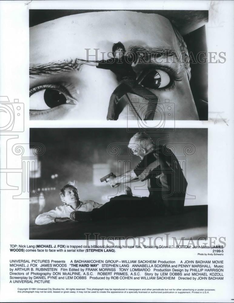 1991 Press Photo Michael J. Fox, James Woods, Stephen Lang, in The Hard Way - Historic Images