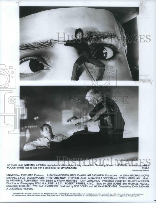 1991 Press Photo Michael J. Fox, James Woods, Stephen Lang, in The Hard Way - Historic Images