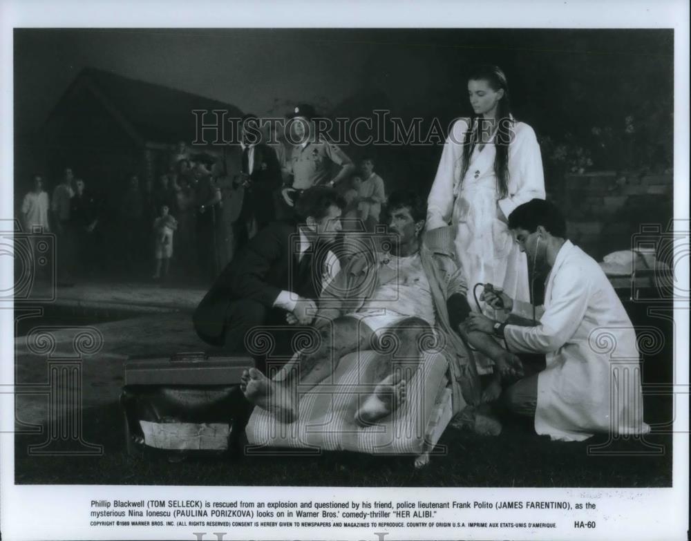 1990 Press Photo Tom Selleck Paulina Porizkova and James Farentino in Her Alibi - Historic Images