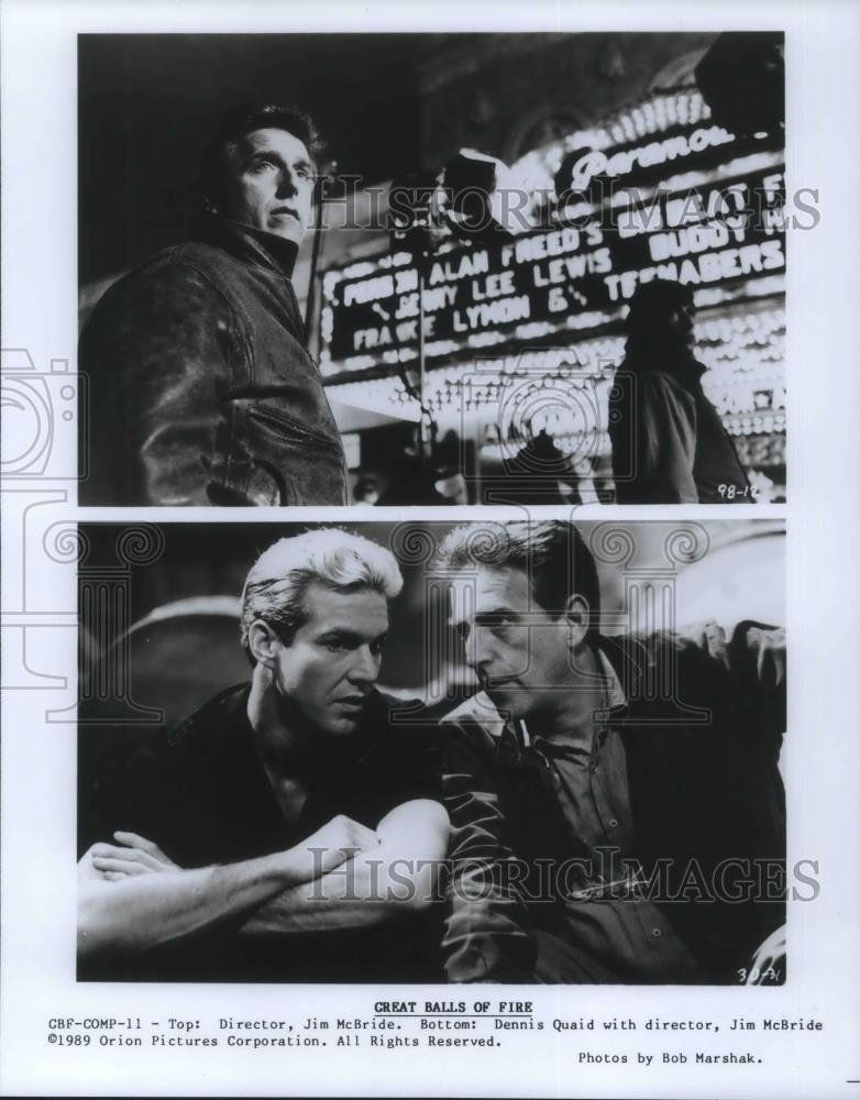 1989 Press Photo Dennis Quaid &amp; Director Jim McBride in Great Balls of Fire - Historic Images