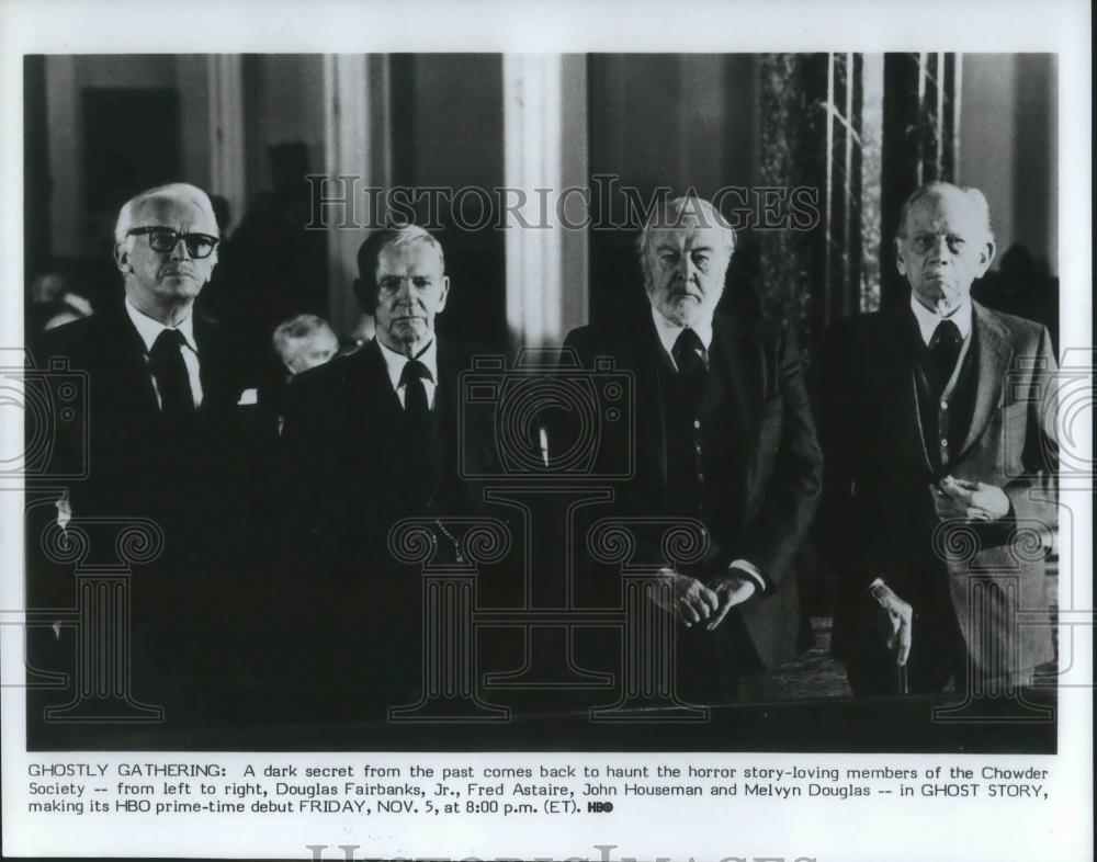 1983 Press Photo Douglas Fairbanks Jr, Fred Astaire, John Houseman Ghost Story - Historic Images