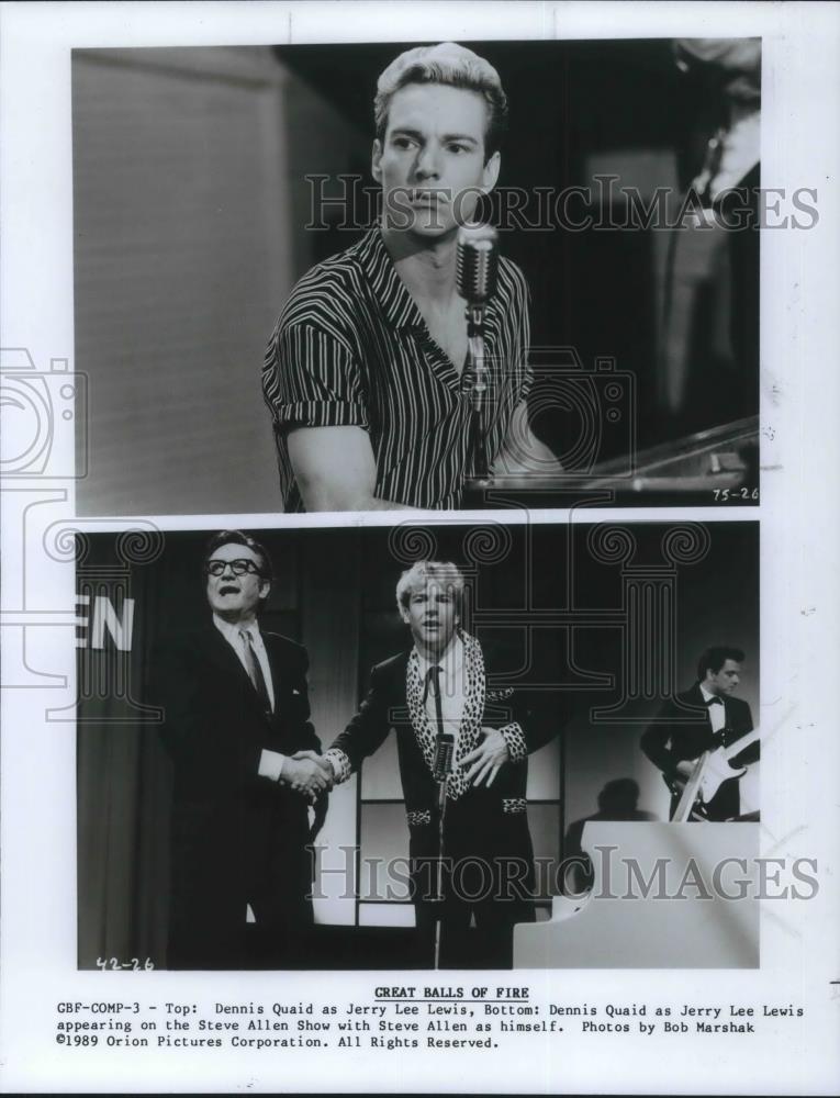 1989 Press Photo Dennis Quaid & Steve Allen in Great Balls of Fire - cvp11023 - Historic Images