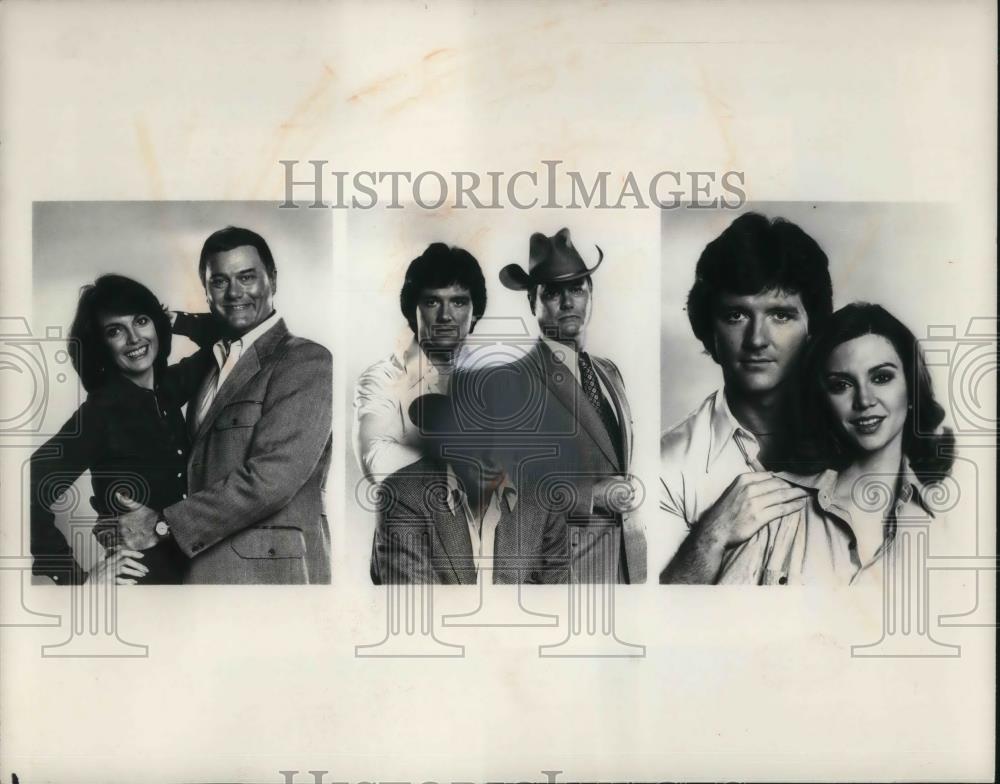 1980 Press Photo Linda Gray, Larry Hagman, Jim Davis, Patrick Duffy &amp; Victoria - Historic Images