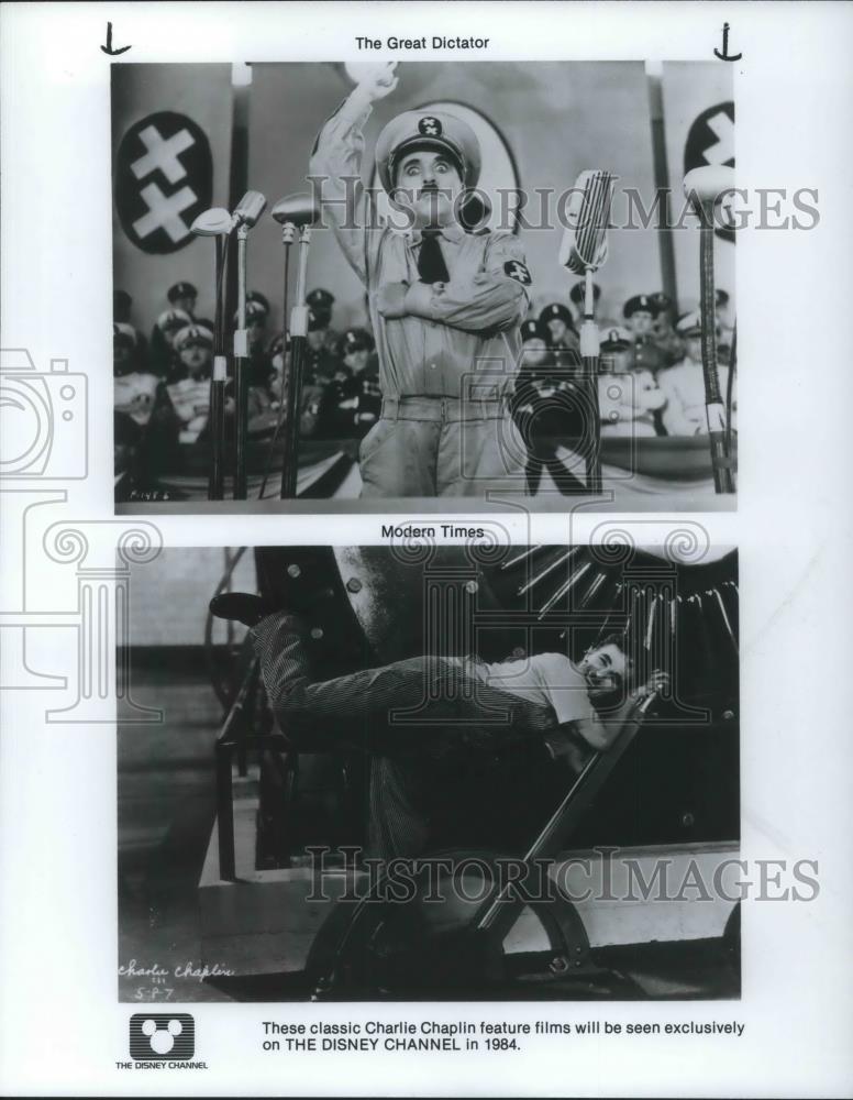 1984 Press Photo Charlie Chaplin in The Great Dictator and Modern Times - Historic Images