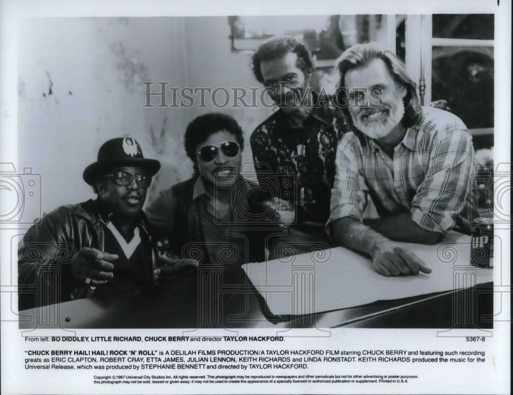 1987 Press Photo Bo Diddley, Little Richard, Chuck Berry &amp; Taylor Hackford - Historic Images