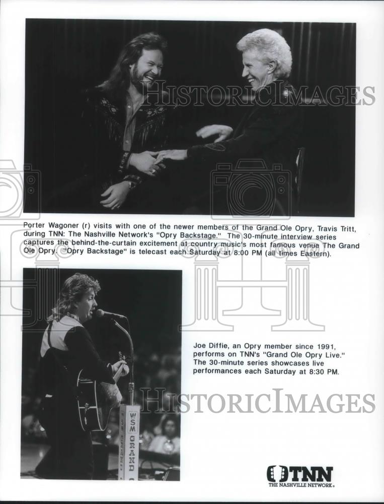 1991 Press Photo Porter Wagoner, Travis Tritt &amp; Joe Diffy on Opry Backstage - Historic Images