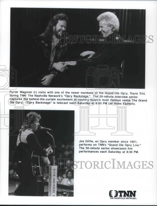 1991 Press Photo Porter Wagoner, Travis Tritt & Joe Diffy on Opry Backstage - Historic Images