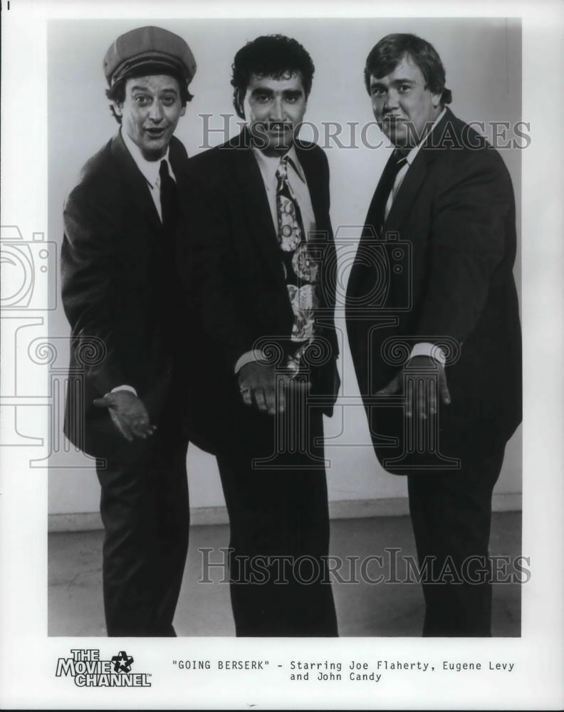 1985 Press Photo Joe Flaherty, Eugene Levy and John Candy in Going Berserk - Historic Images