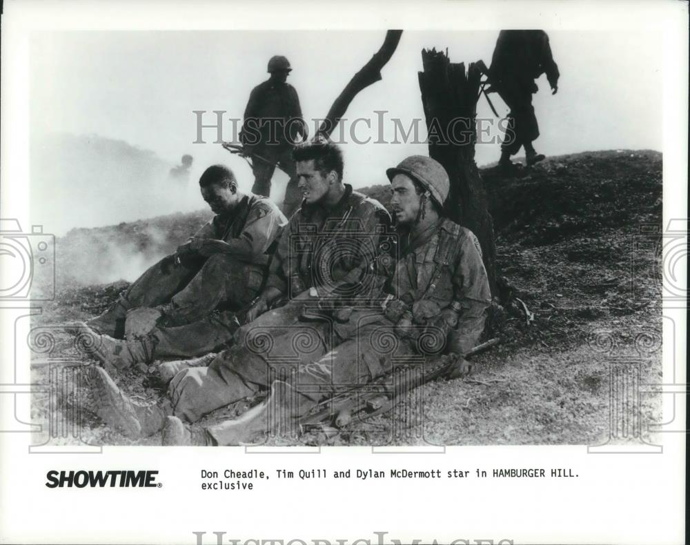 1988 Press Photo Don Cheadle, Tim Quill & Dylan McDermott in Hamburger Hill - Historic Images