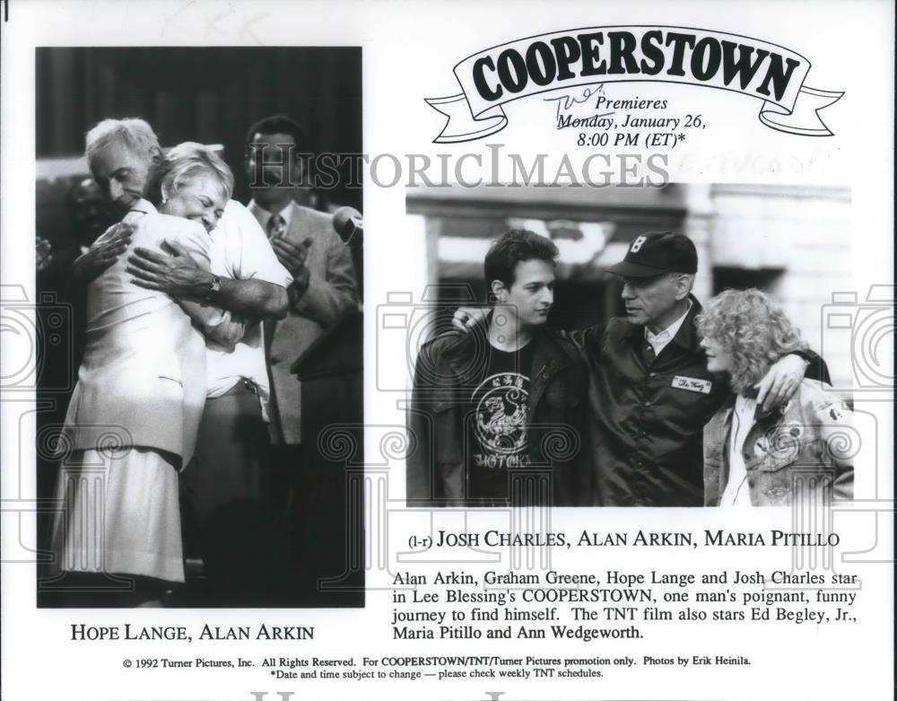 1992 Press Photo Josh Charles, Alan Arkin, Maria Pitillo in Cooperstown - Historic Images