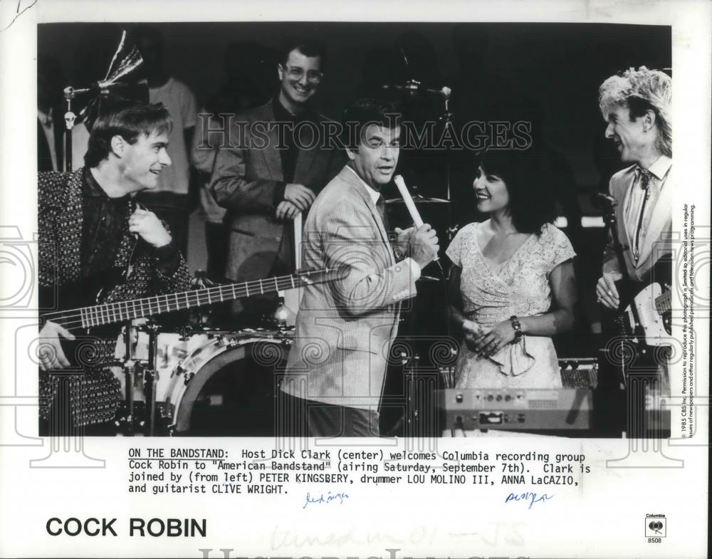 1985 Press Photo Dick Clark of American Bandstand &amp; Cock Robin - cvp02935 - Historic Images