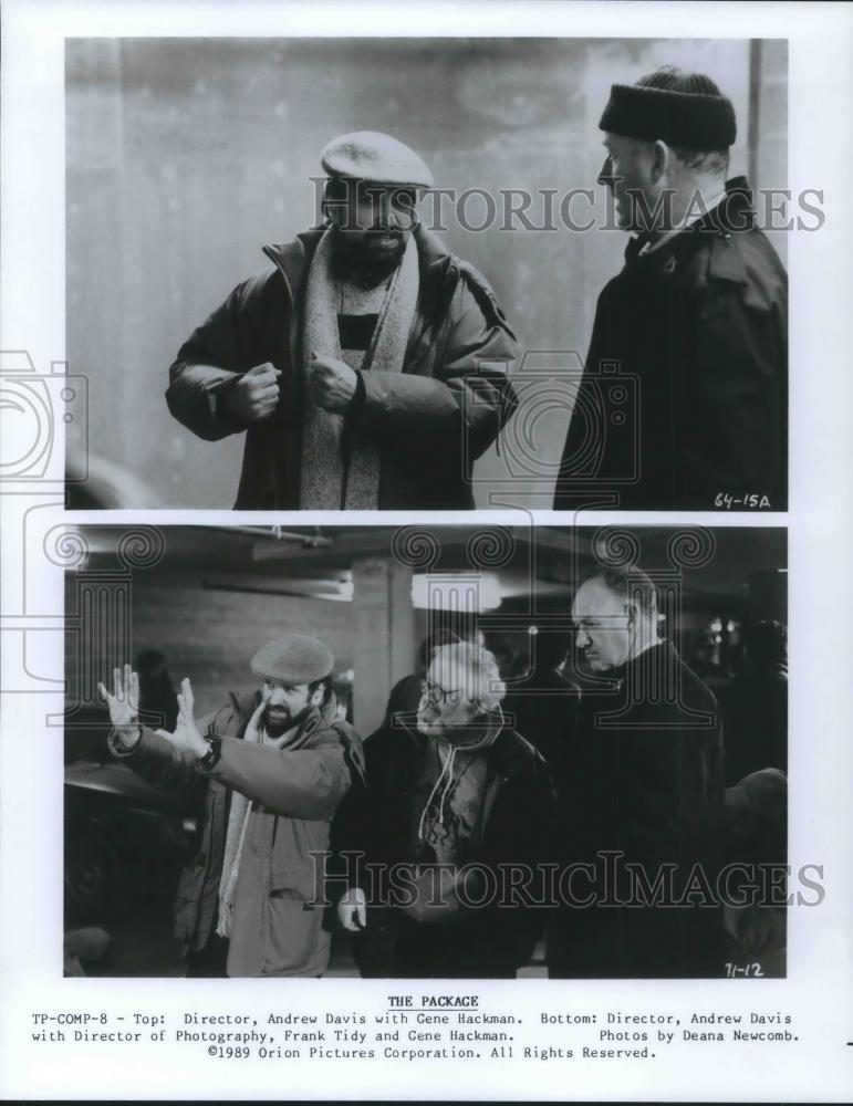 1989 Press Photo Andrew Davis Gene Hackman Frank Tidy The Package Movie Set - Historic Images