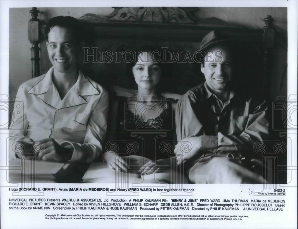 1990 Press Photo Richard E Grant Maria de Medeiros and Fred Ward in Henry & June - Historic Images