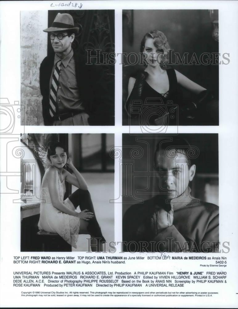 1990 Press Photo Fred Ward, Uma Thurman &amp; Maria de Medeiro in Henry &amp; June - Historic Images