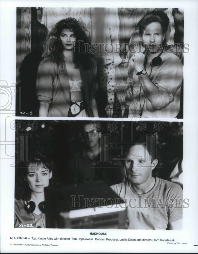 1991 Press Photo Kirstie Alley Tom Ropelewski Leslie Dixon on set of Madhouse - Historic Images