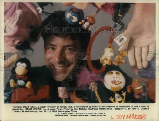 1993 Press Photo Toymaker David Fuhrer surrounded by his creations - cvp15834 - Historic Images