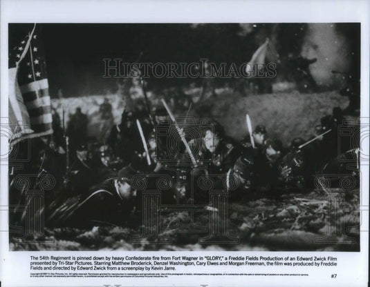 1990 Press Photo Matthew Broderick Denzel Washington Cary Elwes Morgan Freeman - Historic Images