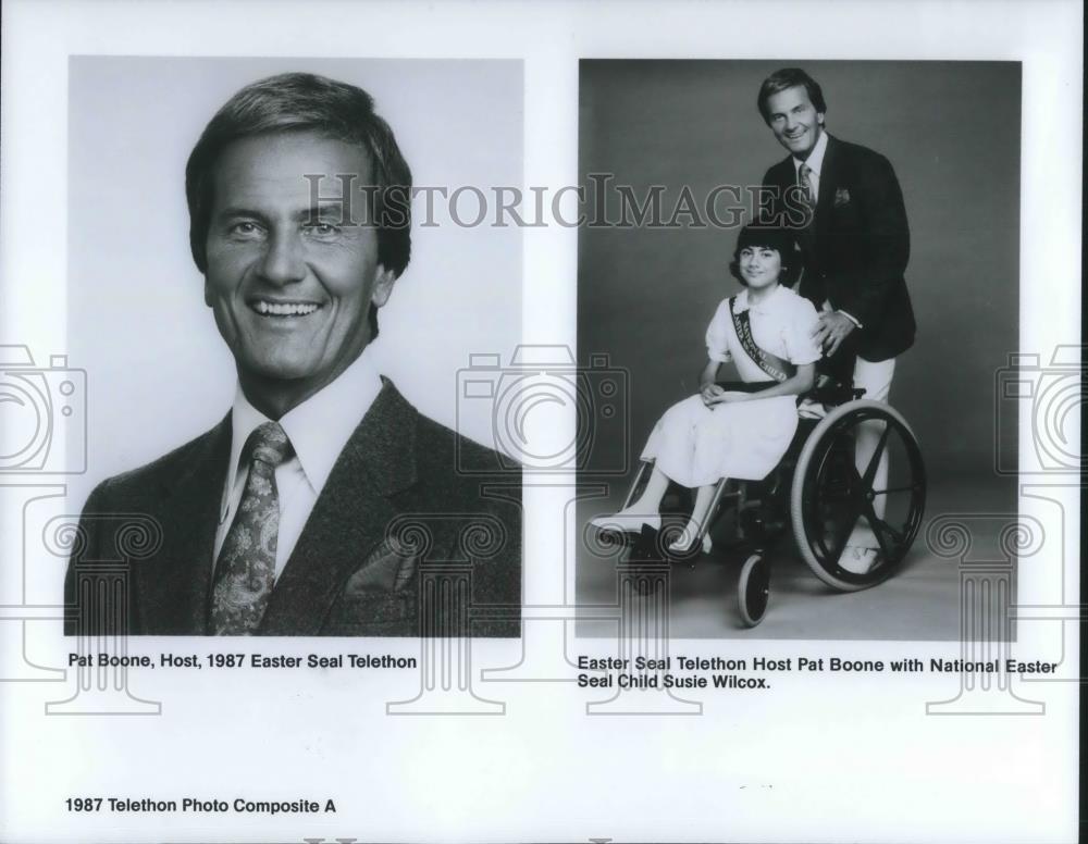 1987 Press Photo Pat Boone Host Susie Wilcox National Easter Seal Telethon - Historic Images