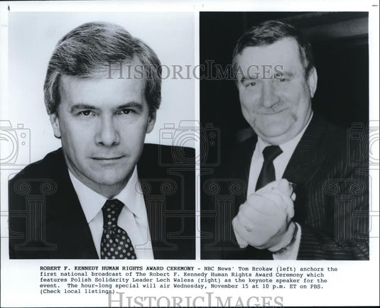 1989 Press Photo Tom Brokaw and Lech Walesa in Robert F. Kennedy Award Ceremony - Historic Images