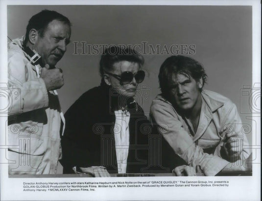 1987 Press Photo Anthony Harvey Katharine Hepburn Nick Nolte on Grace Quigley - Historic Images