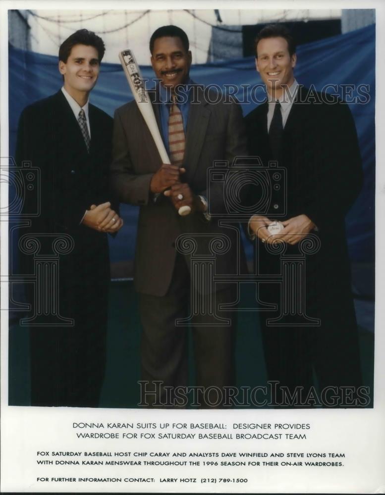 1996 Press Photo Chip Carey, Dave Winfield &amp; Steve Lyons FOX Baseball - Historic Images