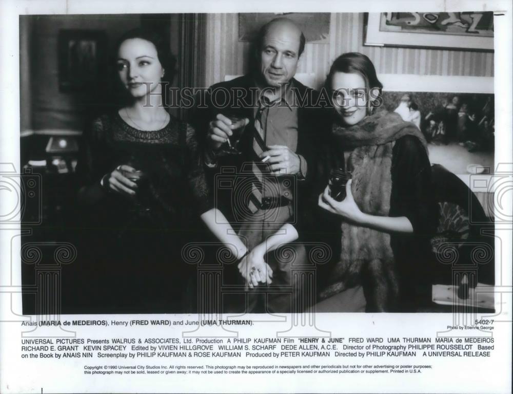 1990 Press Photo Maria de Medeiros Fred Ward and Uma Thurman in Henry & June - Historic Images