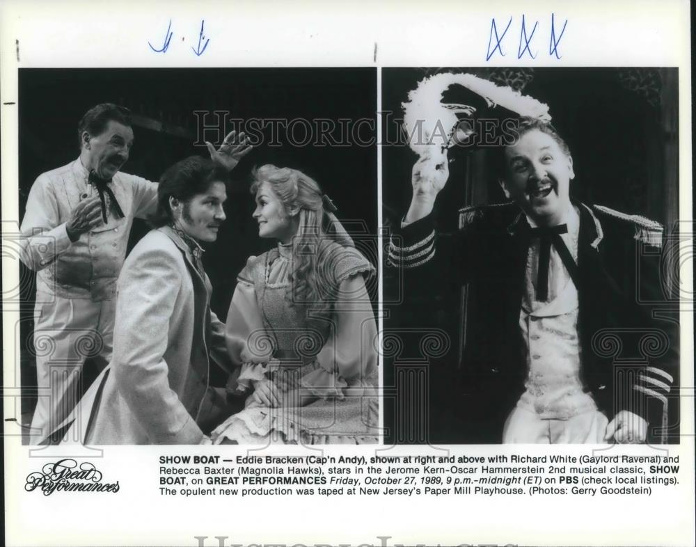 1989 Press Photo Eddie Bracken, Richard White &amp; Rebecca Baxter in Great Performa - Historic Images
