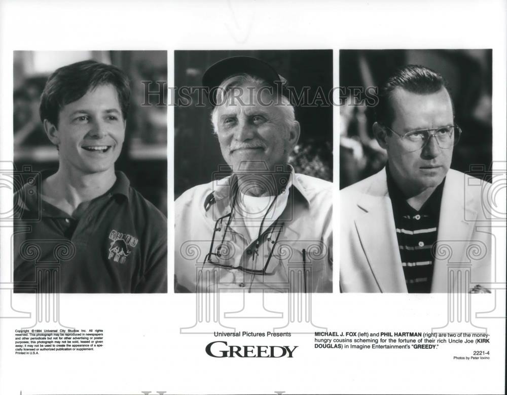 1995 Press Photo Michael J. Fox Phil Hartman and Kirk Douglas in Greedy - Historic Images