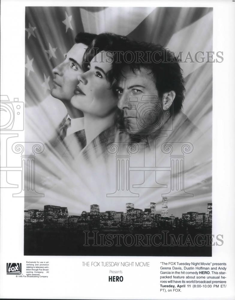 1995 Press Photo Gena Davis, Dustin Hoffman &amp; Andy Garcia in Hero - cvp10833 - Historic Images