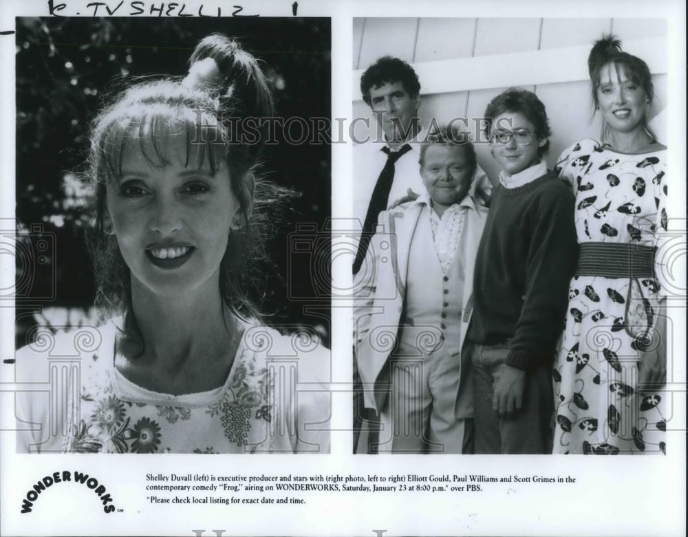 1989 Press Photo Shelley Duvall Elliott Gould Paul Williams Scott Grimes in Frog - Historic Images