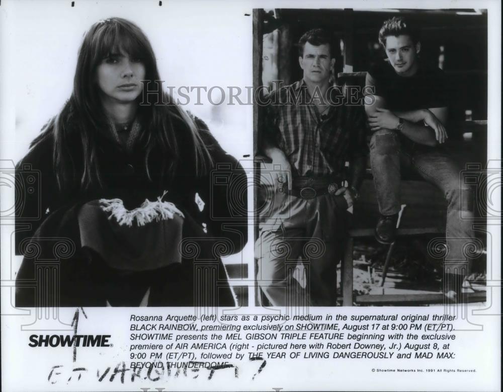 1991 Press Photo Rosanna Arquette Mel Gibson and Robert Downey Jr. - cvp14634 - Historic Images