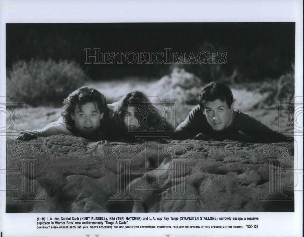 1991 Press Photo Kurt Russell Teri Hatcher Sylvester Stallone in Tango & Cash - Historic Images