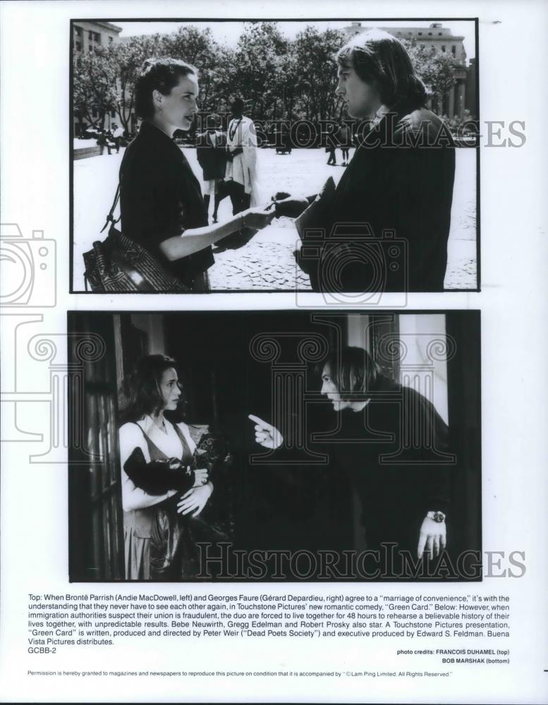 1991 Press Photo Andie MacDowell and Girard Depardieu in Green Card - cvp08760 - Historic Images