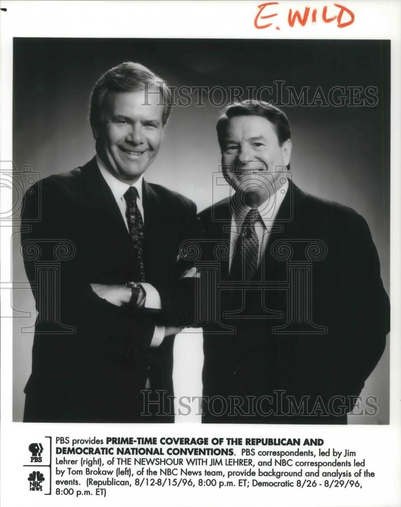 1996 Press Photo Tom Brokaw &amp; Jim Leher Covering National Conventions - Historic Images