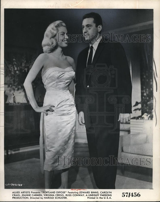 1957 Press Photo Jeanne Carmen and Edward Binns in Portland Expose - cvp00208 - Historic Images