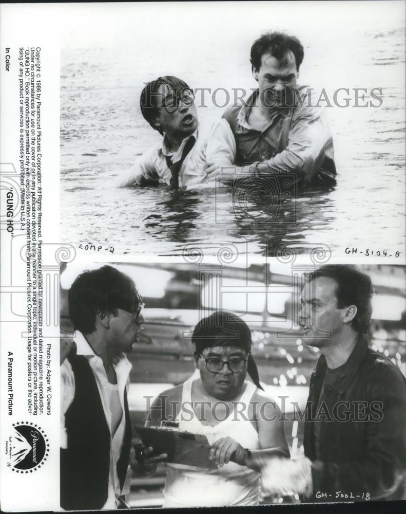 1986 Press Photo George Wendt &amp; Michael Keaton on Gung Ho - cvp10566 - Historic Images