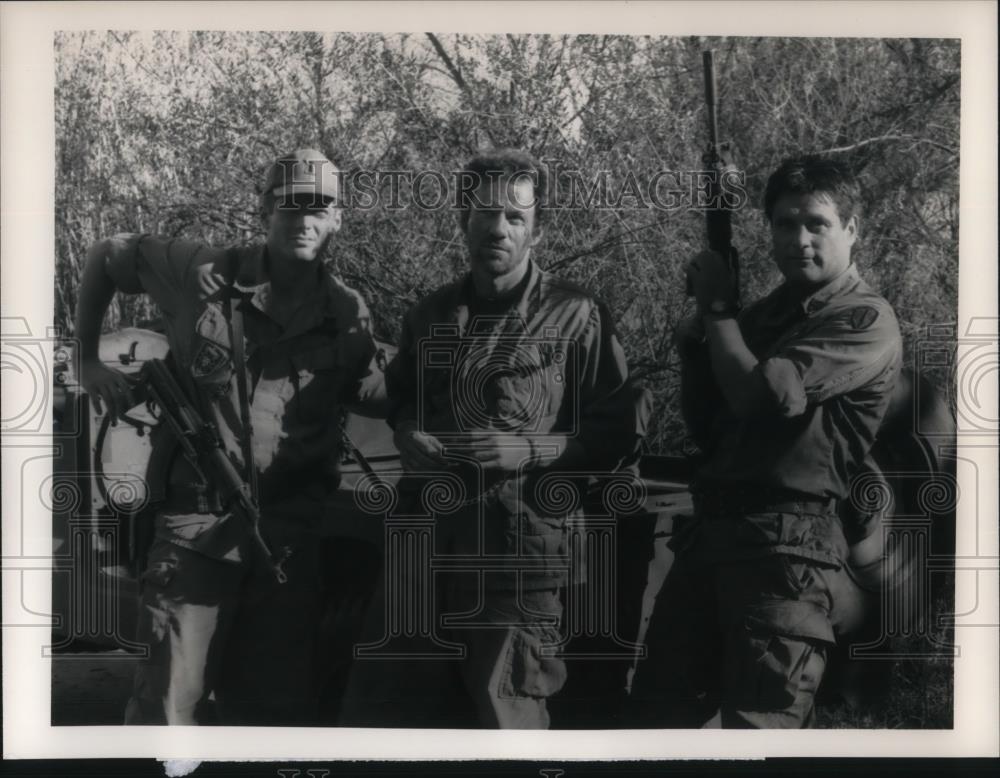 1990 Press Photo Stephen Caffrey, James Sutorius, and Terence Knox, Tour of Duty - Historic Images