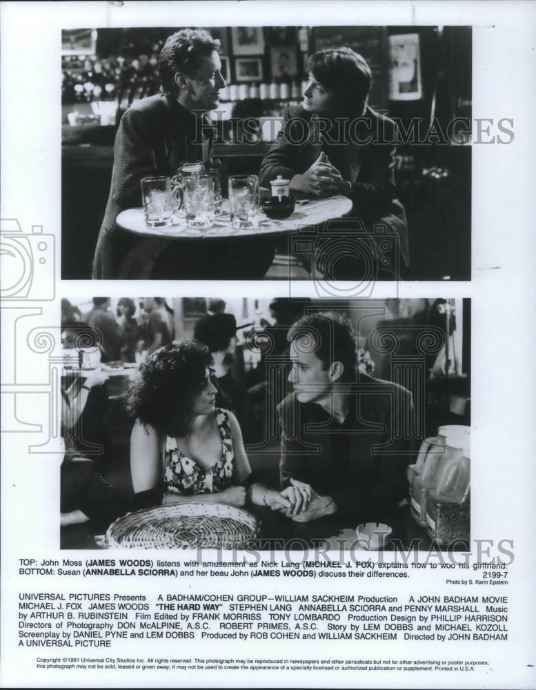 1991 Press Photo James Woods Michael J. Fox Annabella Sciorra in The Hard Way - Historic Images